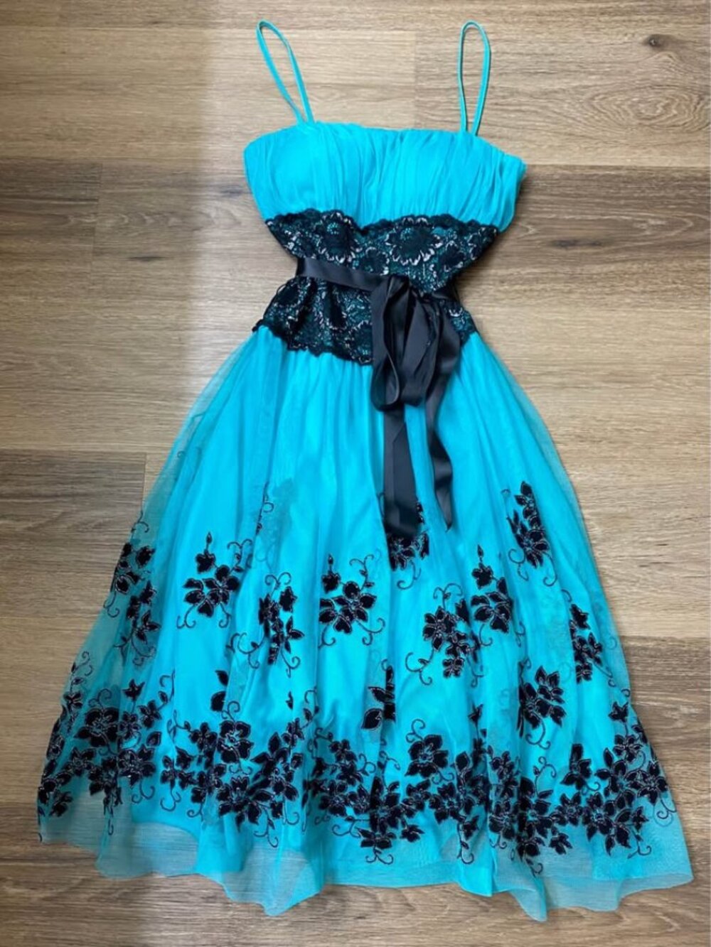 Vintage YNES Teal Mesh Overlay Burnout Floral Velvet & Lace Dress Size Small